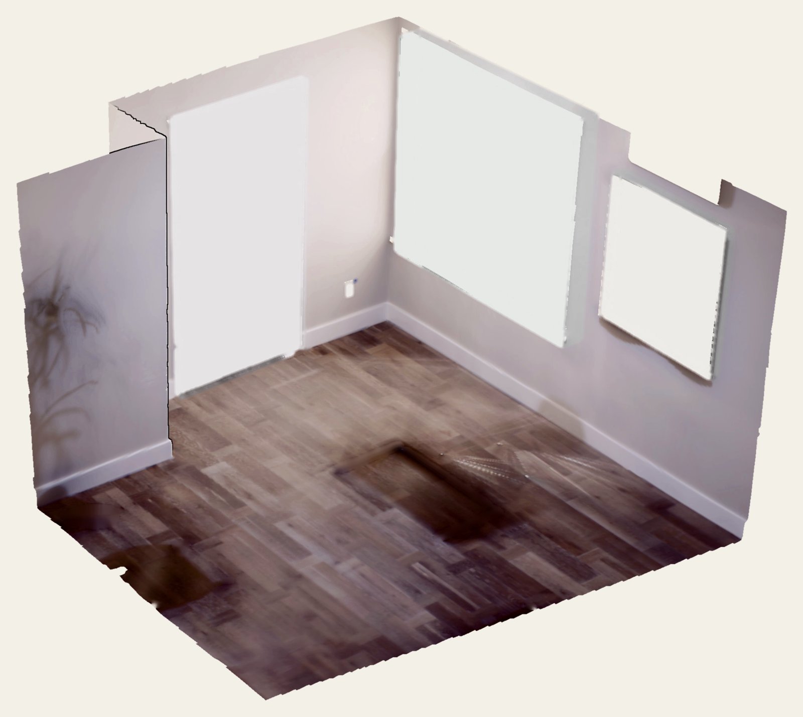The same room, empty, with four translucent boxes where objects used to be