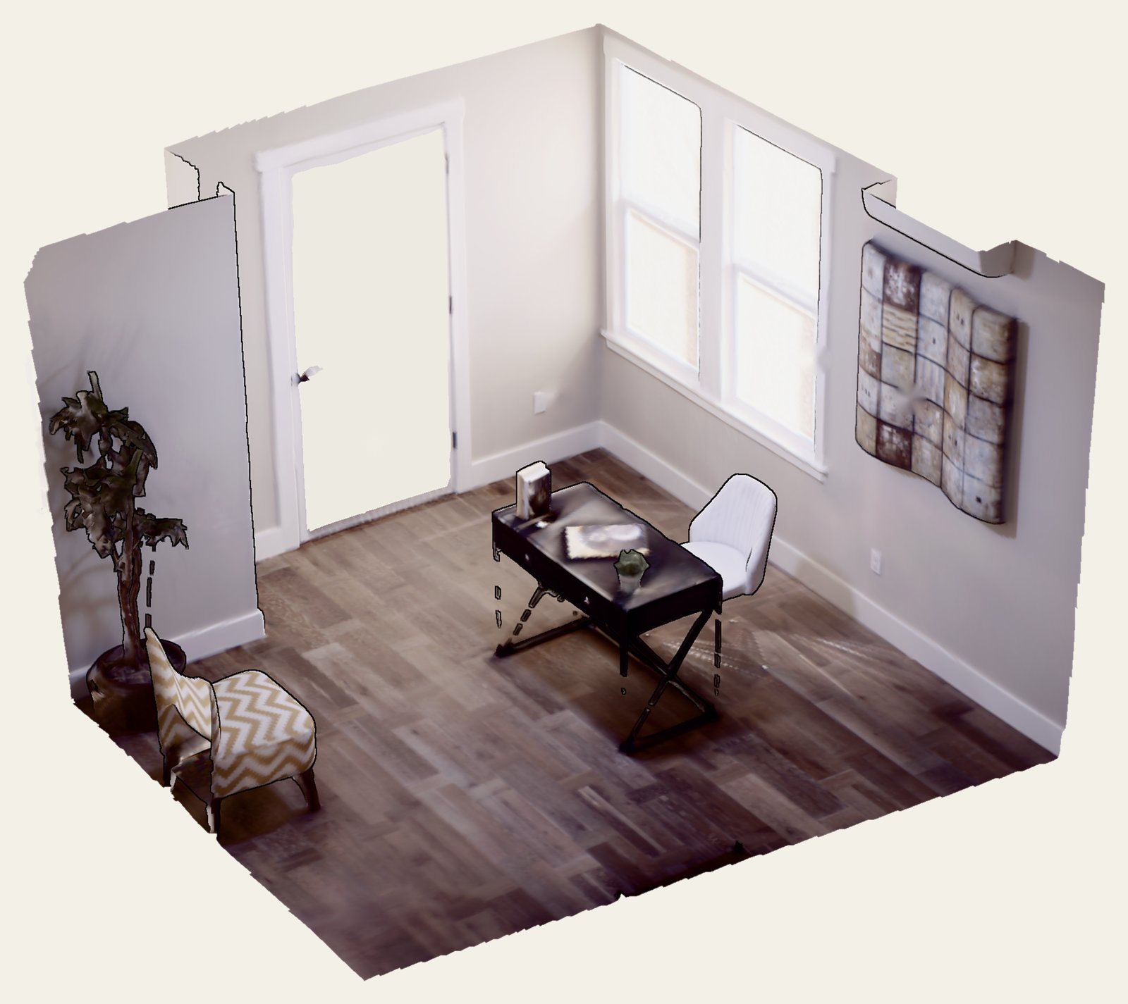 A furnished room reconstructed as 3D Gaussian splats, with yellow query points on the door, a wall socket, the window and a painting